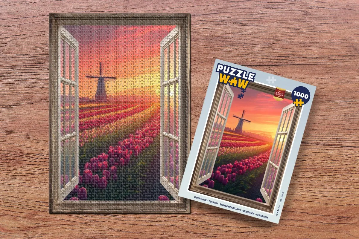 PuzzleWow Doorkijk Tulpen Zonsondergang Legpuzzel 1000 Stuks - Roze