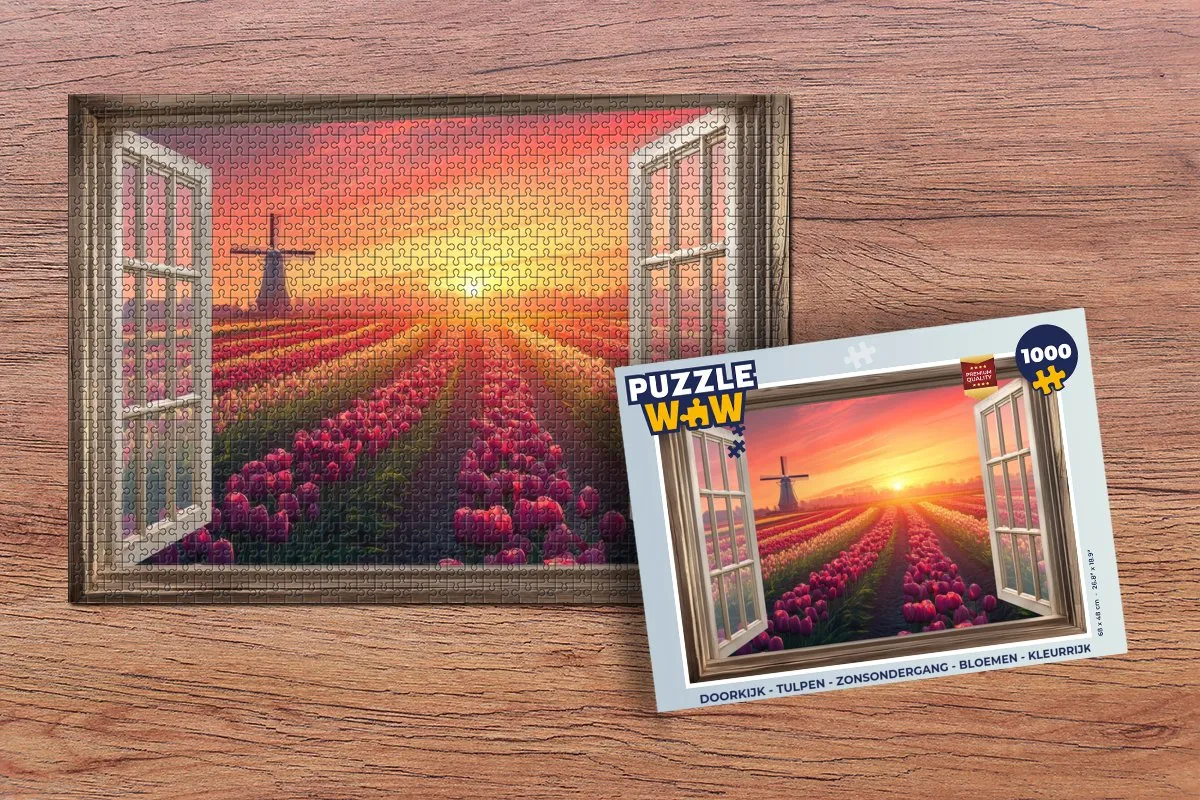 PuzzleWow Doorkijk Tulpen Zonsondergang Legpuzzel 1000 Stuks - Roze