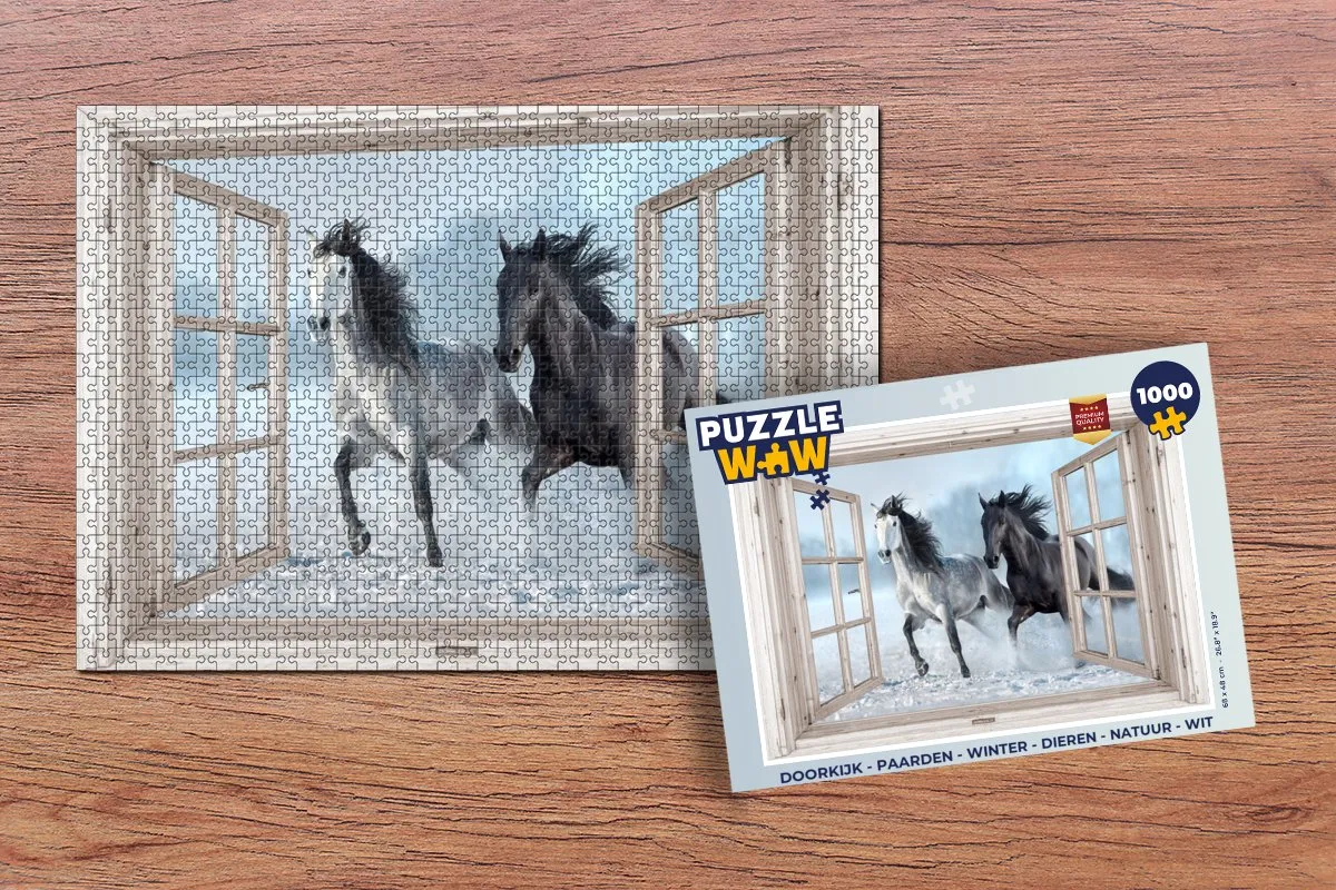 PuzzleWow Doorkijk Paarden Winter Legpuzzel 1000 Stuks - Wit