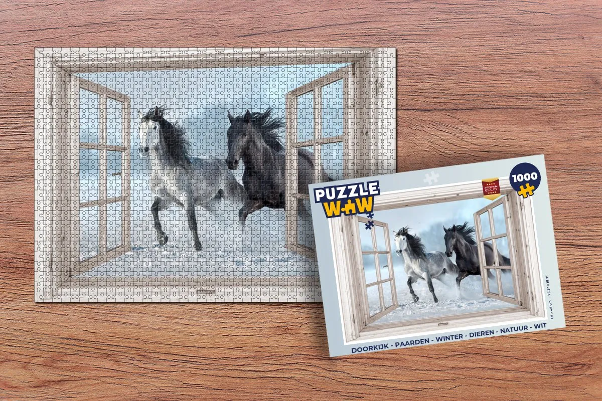 PuzzleWow Doorkijk Paarden Winter Legpuzzel 1000 Stuks - Wit