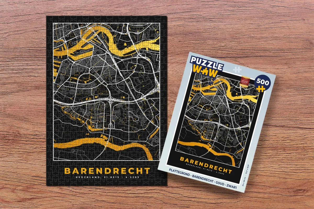 PuzzleWow Plattegrond Barendrecht Legpuzzel 500 Stuks - Goud/Zwart