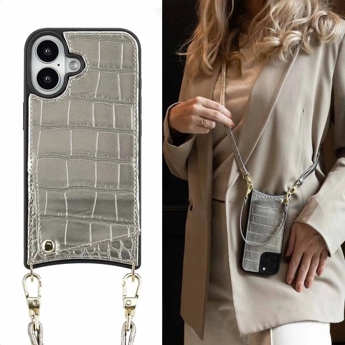 Selencia Hoesje iPhone 16 Croco Zilver - 2 Pasjes