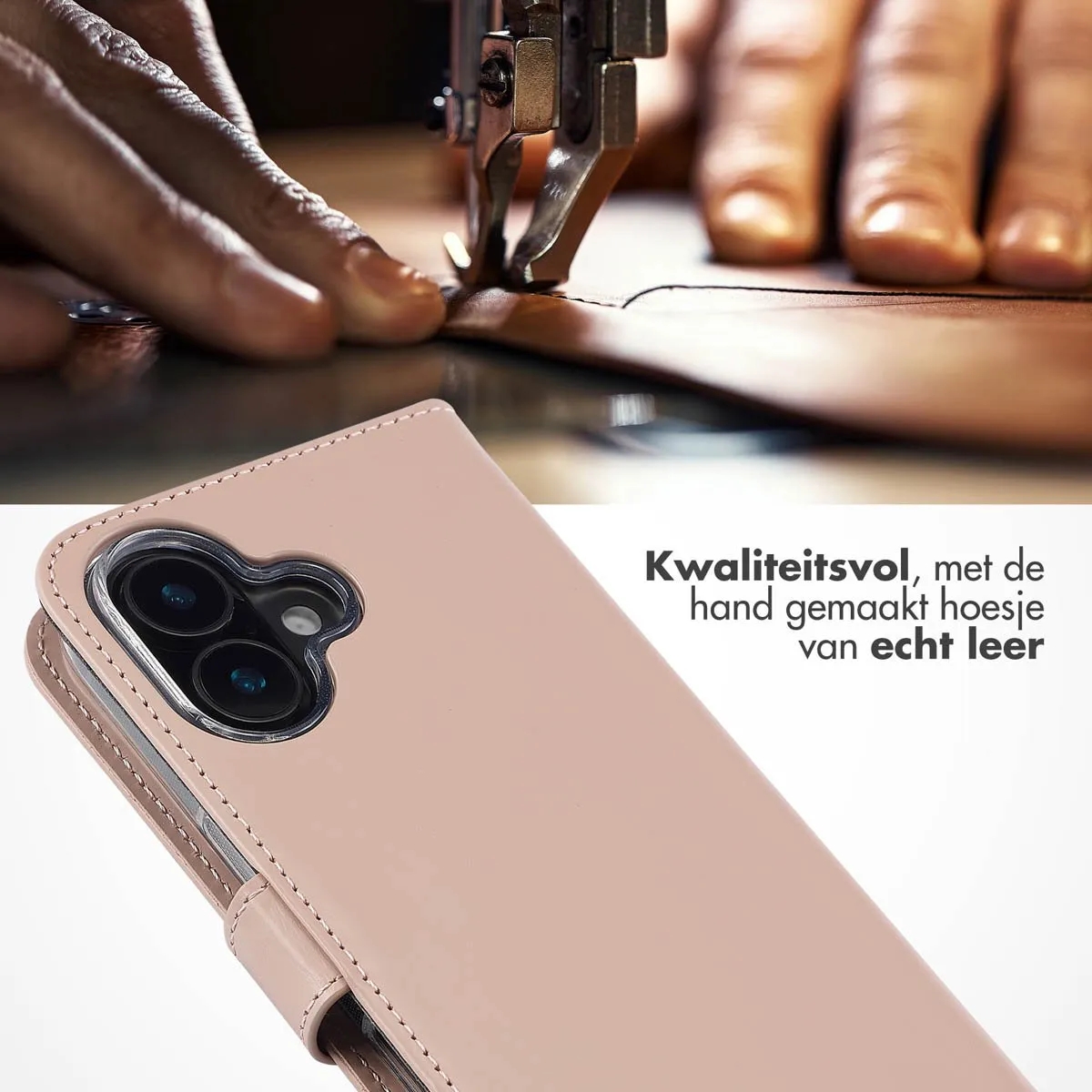 Selencia Hoesje iPhone 16 Plus Echt Leder Bookcase - Lichtroze