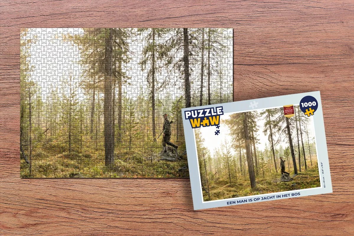 PuzzleWow Legpuzzel Een man is op jacht in het bos - 1000 Stukken - Multicolor