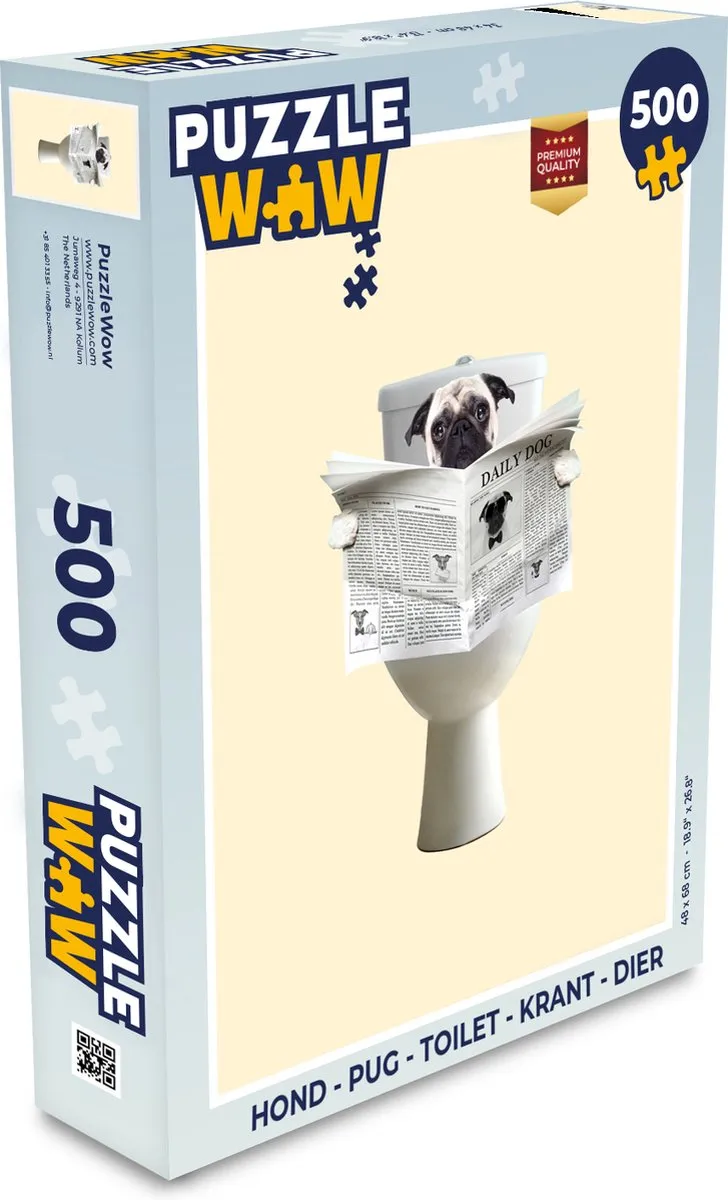 PuzzleWow Pug Toilet Krant Legpuzzel 500 Stuks - Multicolor