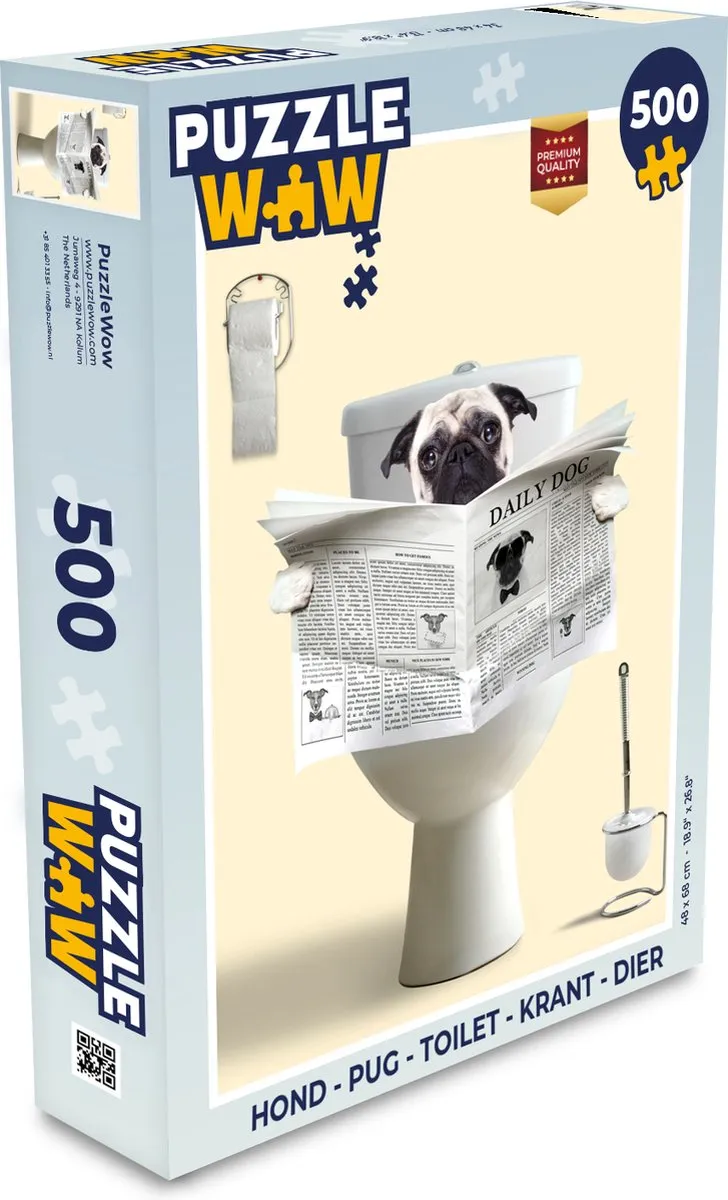 PuzzleWow Pug Toilet Krant Legpuzzel 500 Stuks