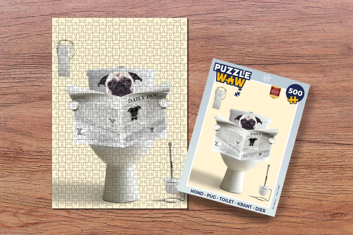 PuzzleWow Pug Toilet Krant Legpuzzel 500 Stuks - Multicolor