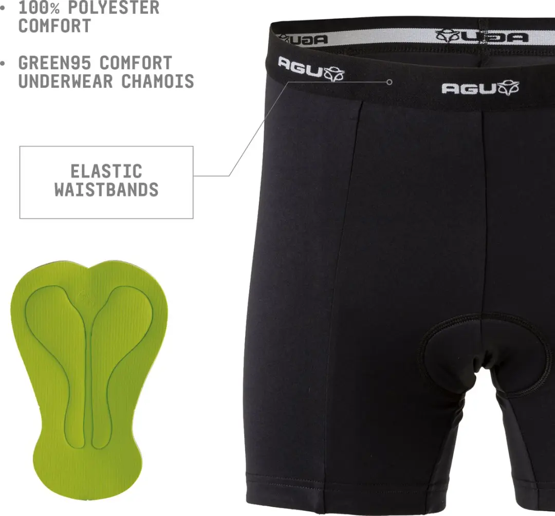 AGU Undershort - Fietsonderbroek met zeem - Heren - Black - S - Green 95 Zeem - Elastische tailleband - 100% Polyester