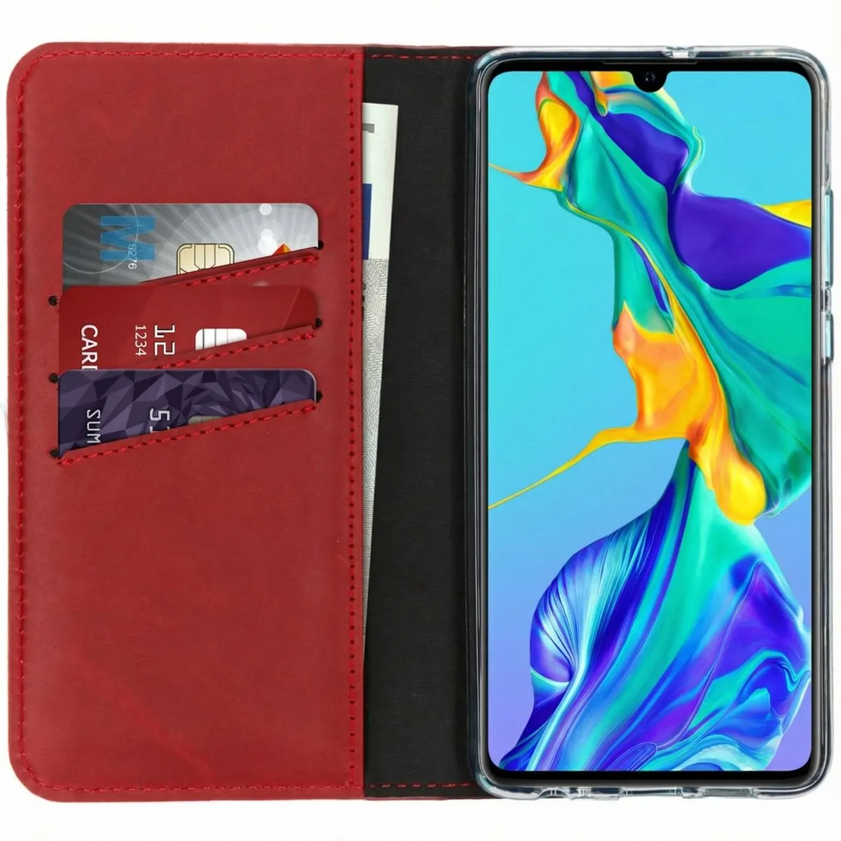 Selencia Hoesje Huawei P30 - Echt Lederen Bookcase Rood - 3 Pasjes