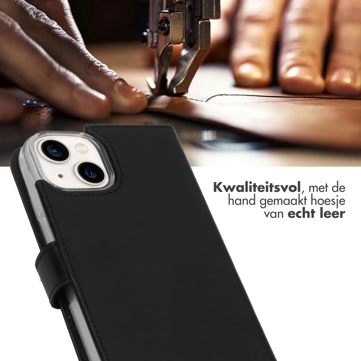 Selencia Hoesje iPhone 14 - Echt Lederen Bookcase 3 Pasjes - Zwart