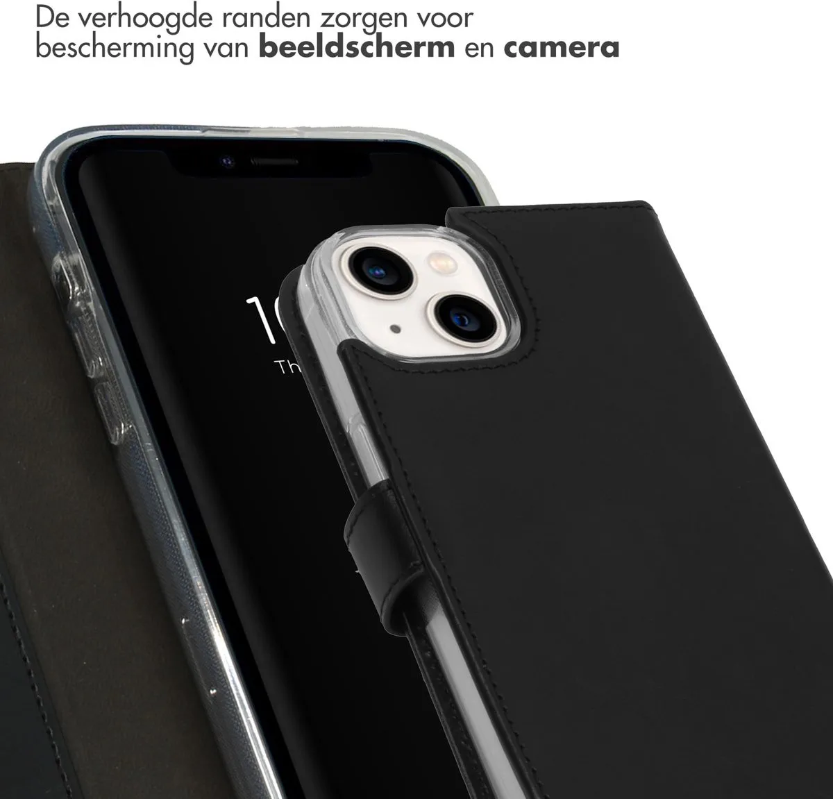 Selencia Hoesje iPhone 14 - Echt Lederen Bookcase 3 Pasjes - Zwart