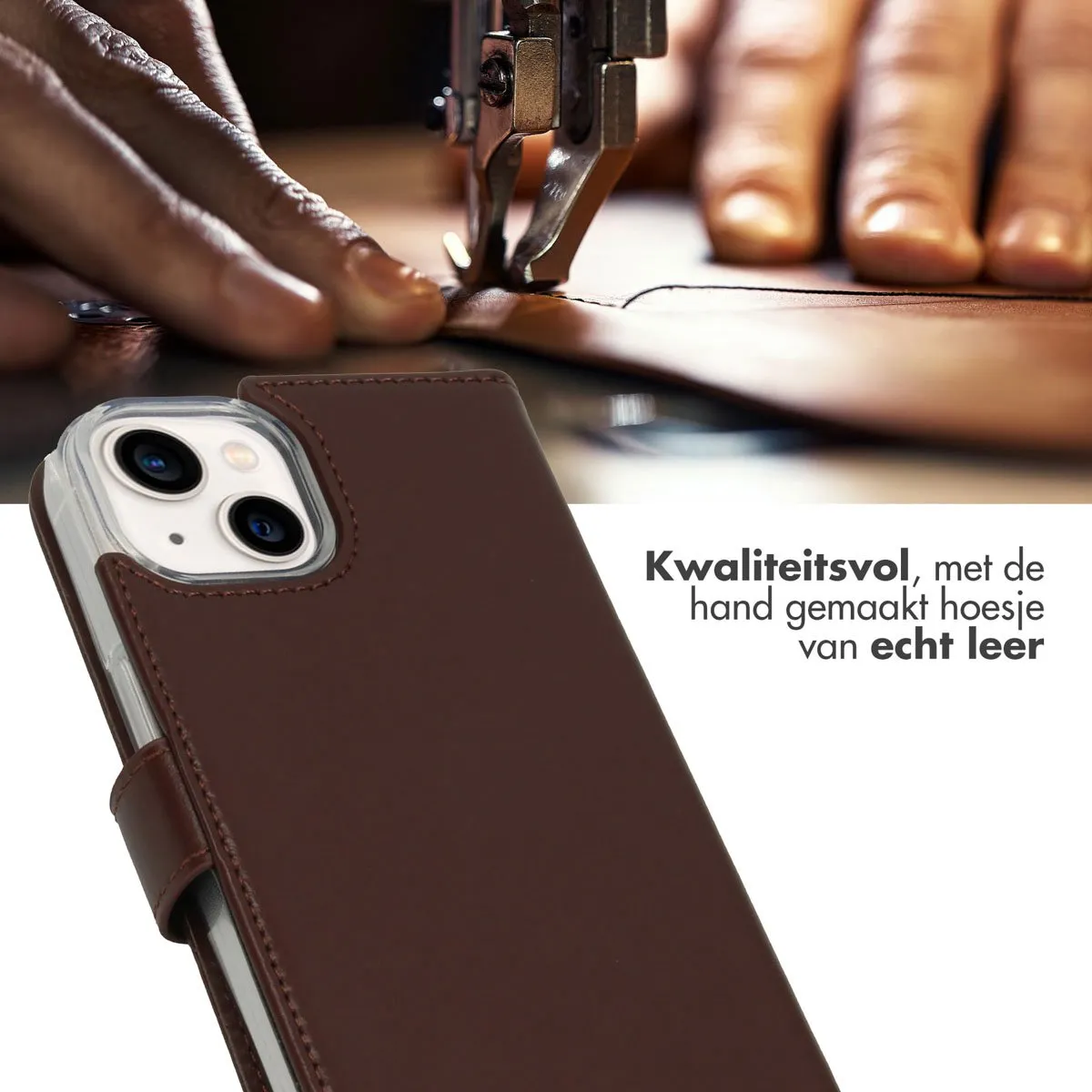 Selencia Hoesje iPhone 14 Echt Lederen Bookcase - 3 Pasjes - Bruin