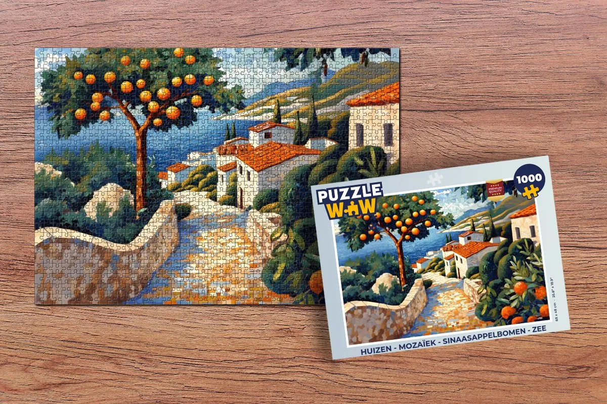 PuzzleWow Mozaïek Huizen Puzzel 1000 Stuks - Sinaasappelbomen & Zee