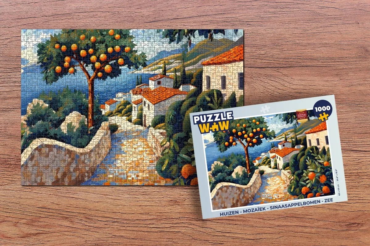 PuzzleWow Mozaïek Huizen Puzzel 1000 Stuks - Sinaasappelbomen & Zee