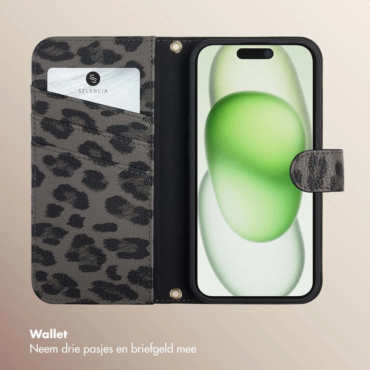 Selencia Hoesje iPhone 15 - Sabi Bookcase Panterprint - Zwart
