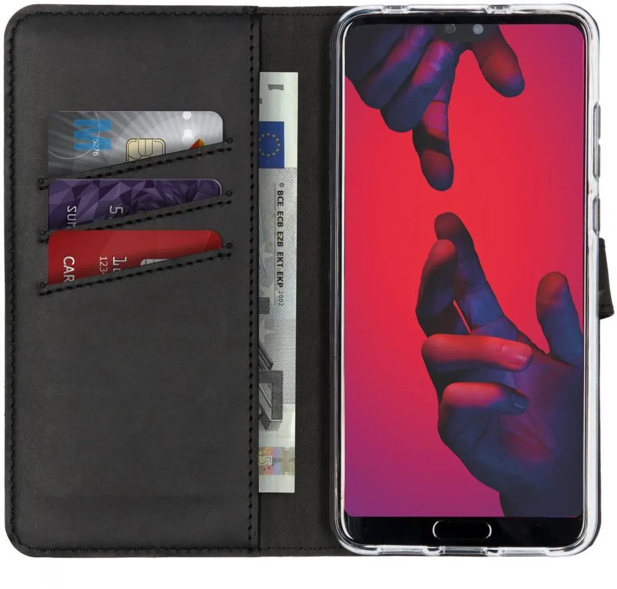 Selencia Hoesje Huawei P20 Pro - Echt Lederen Bookcase 3 Pasjes - Zwart - afbeelding 2 van 6