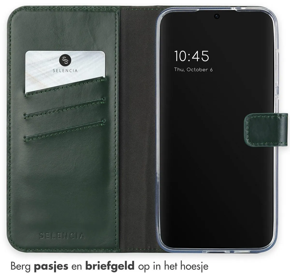Selencia Hoesje Samsung Galaxy S24 FE - Groen Lederen Bookcase - 3 Pasjes