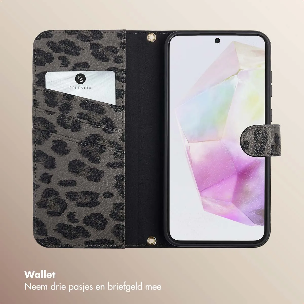 Selencia Hoesje Samsung Galaxy A35 - Sabi Bookcase Panterprint - Zwart
