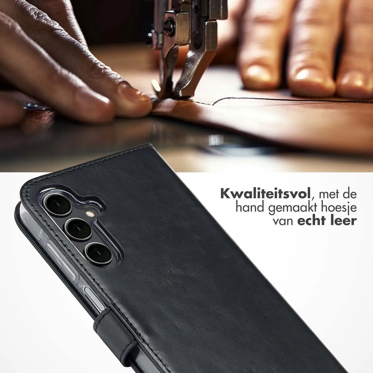 Selencia Hoesje Samsung Galaxy A16 - Echt Lederen Bookcase - 3 Pasjes - Zwart