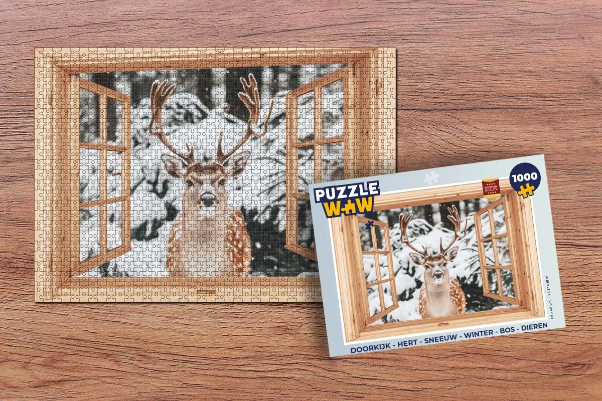 PuzzleWow Doorkijk Hert Sneeuw Legpuzzel 1000 Stuks