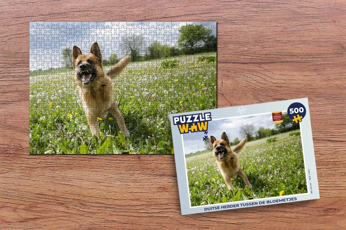 PuzzleWow Legpuzzel Duitse Herder tussen de bloemetjes 500 Stuks - Multicolor