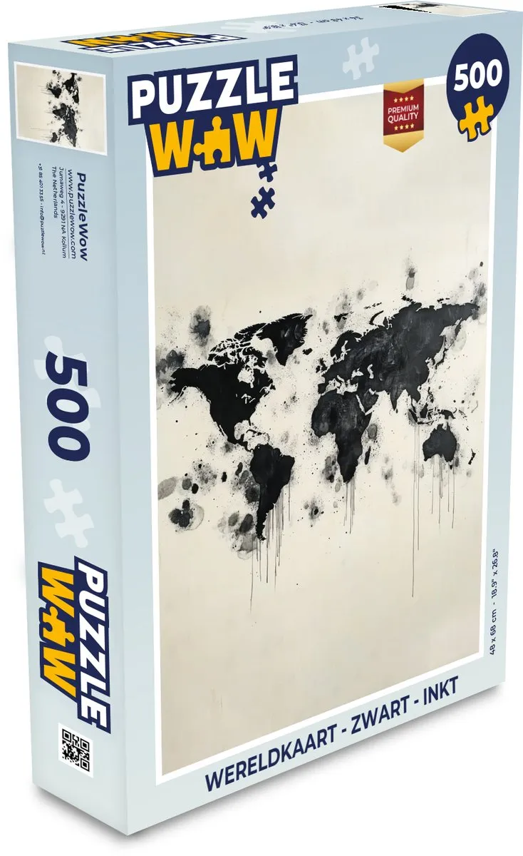 PuzzleWow Wereldkaart Legpuzzel 500 Stuks - Zwart