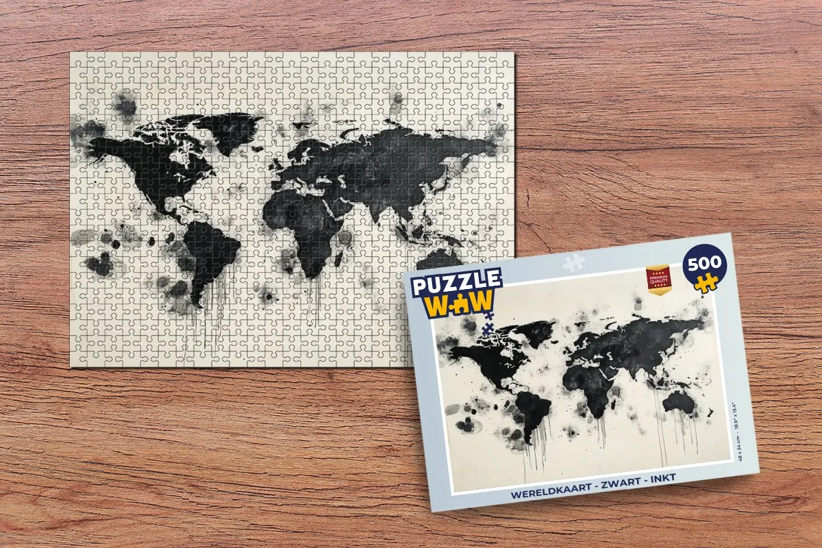 PuzzleWow Wereldkaart Legpuzzel 500 Stuks - Zwart