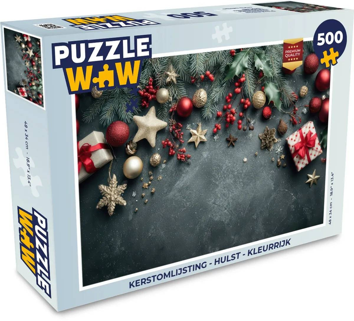 PuzzleWow Kerstomlijsting Hulst Puzzel 500 Stuks - Kleurrijk