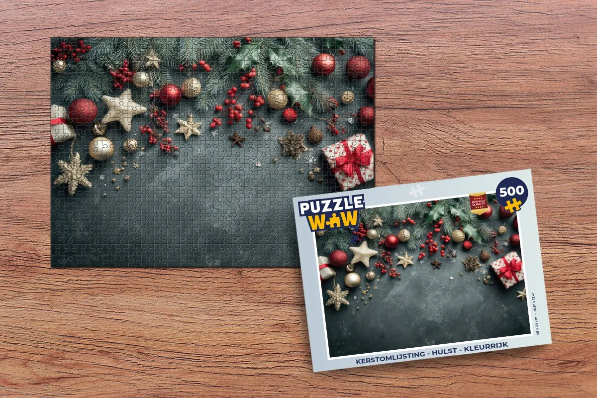 PuzzleWow Kerstomlijsting Hulst Puzzel 500 Stuks - Kleurrijk