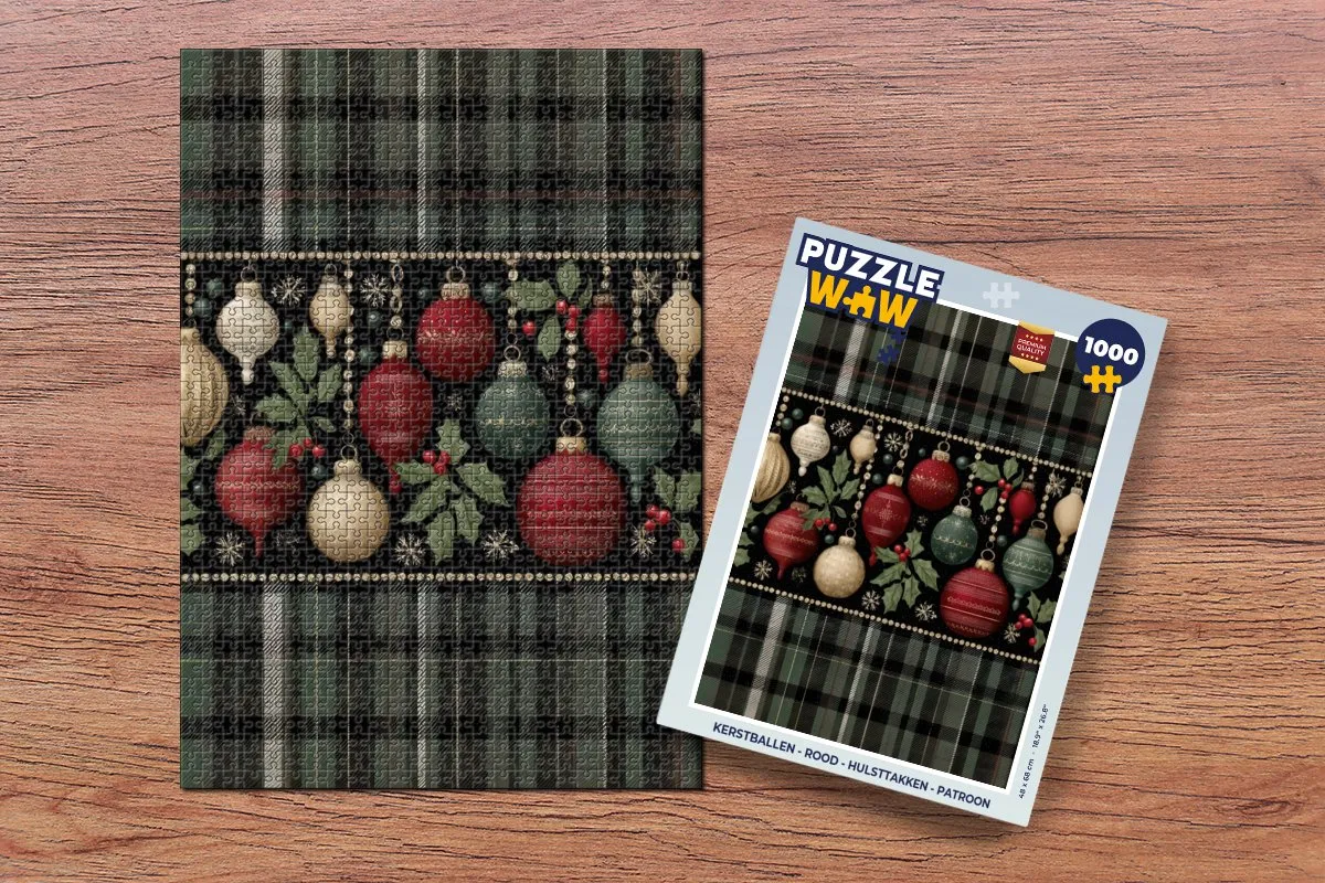 PuzzleWow Kerstballen Hulsttakken Patroon Puzzel 500 Stuks - Rood