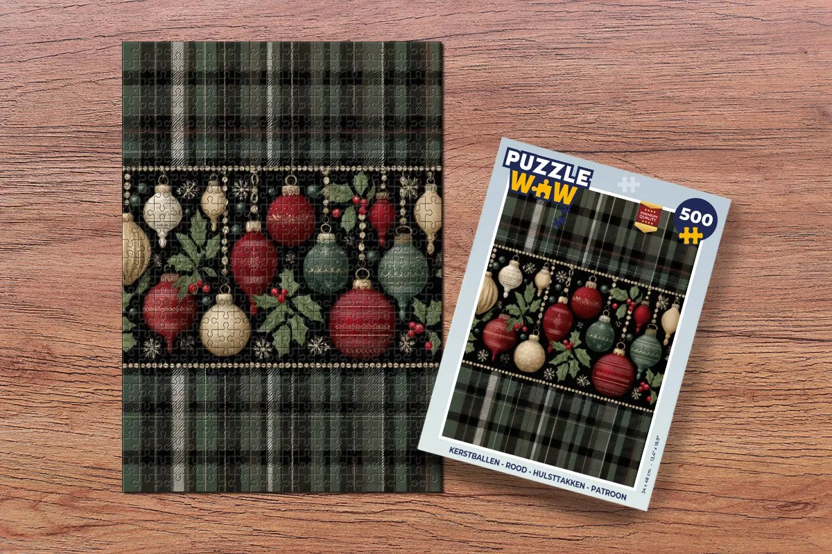 PuzzleWow Kerstballen Hulsttakken Patroon Puzzel 500 Stuks - Rood
