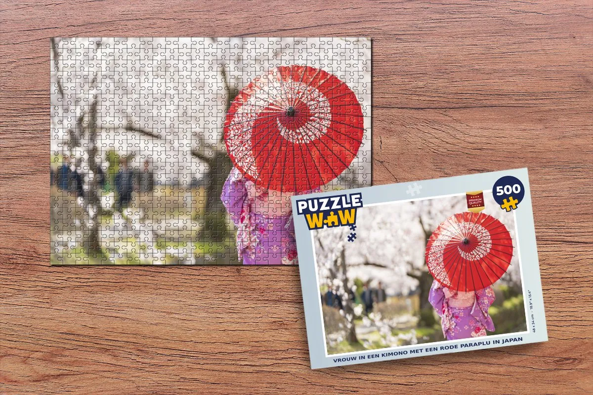 PuzzleWow Legpuzzel Vrouw in een kimono met rode paraplu - 500 Stukjes - Multicolor