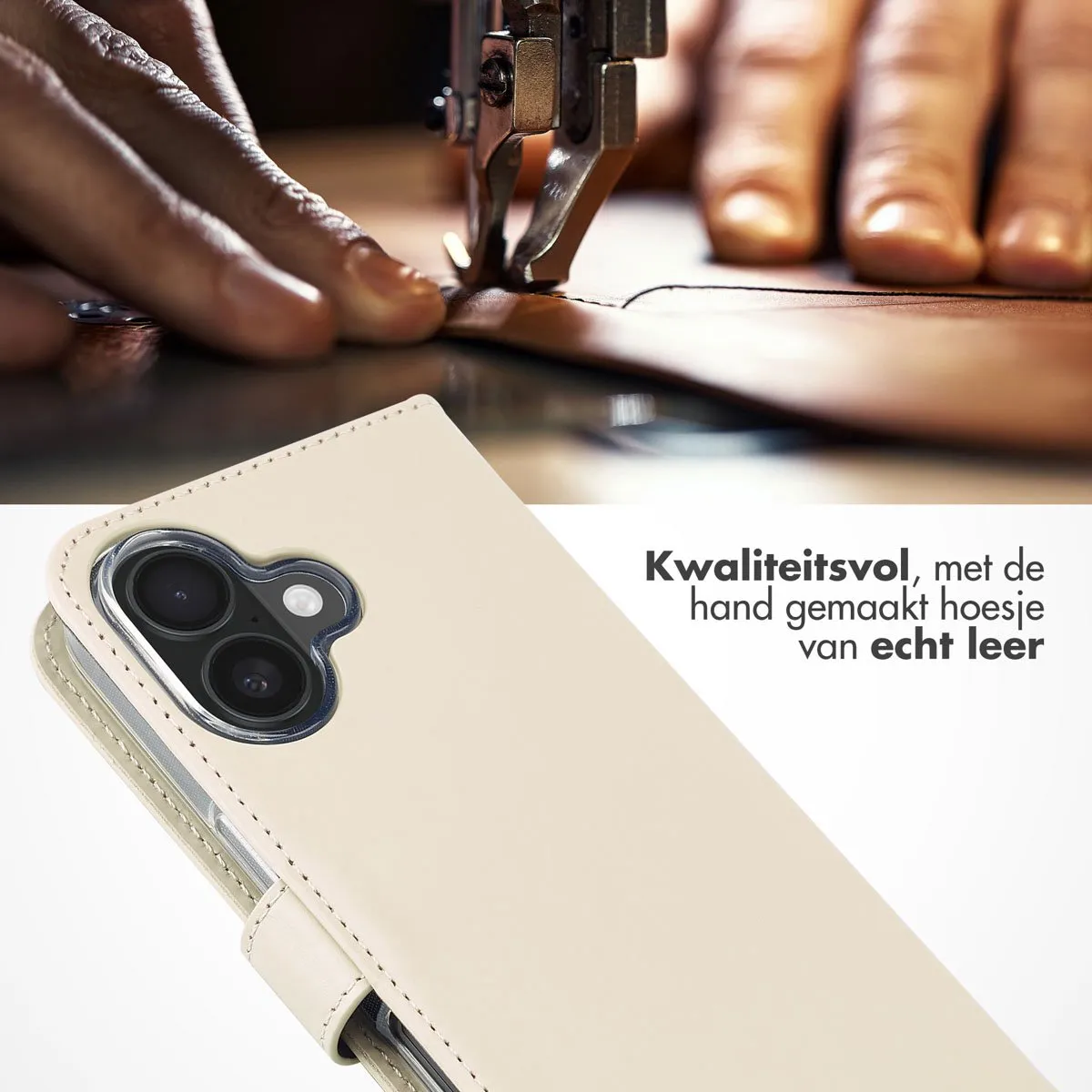 Selencia Hoesje iPhone 16 Echt Lederen Bookcase Greige