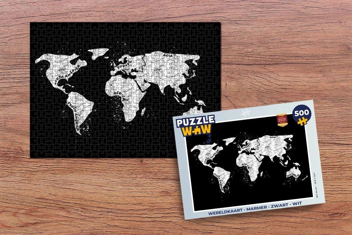 PuzzleWow Wereldkaart Legpuzzel 500 Stuks - Marmerprint - Multicolor