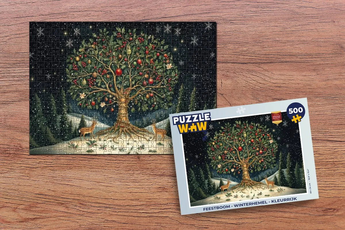 PuzzleWow Feestboom Winterhemel Puzzel 500 Stuks - Kleurrijk