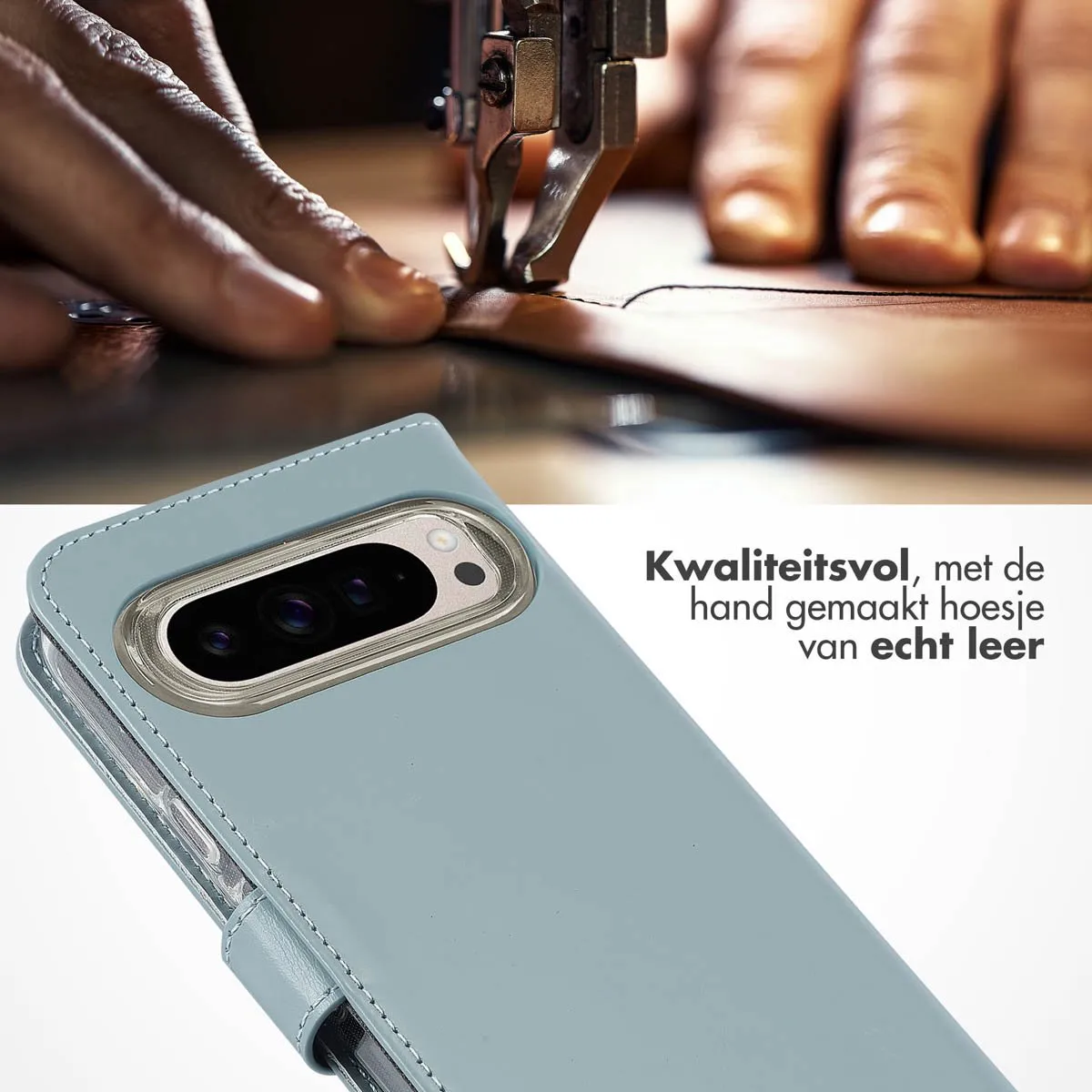 Selencia Echt Lederen Bookcase Hoesje - Google Pixel 9/9 Pro - Lichtblauw