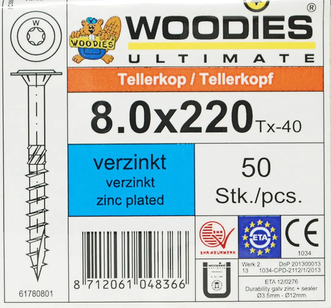 Woodies Ultimate Tellerkopschroef Torx Verzinkt 8x220 - 50 Stuks