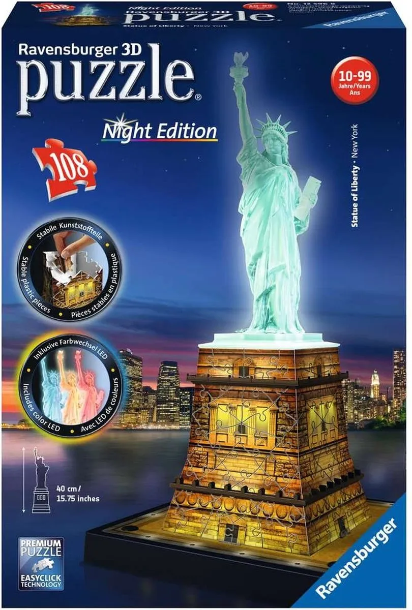 Ravensburger Statue of Liberty Night Edition 3D Puzzel - 108 Stuks - afbeelding 2 van 6