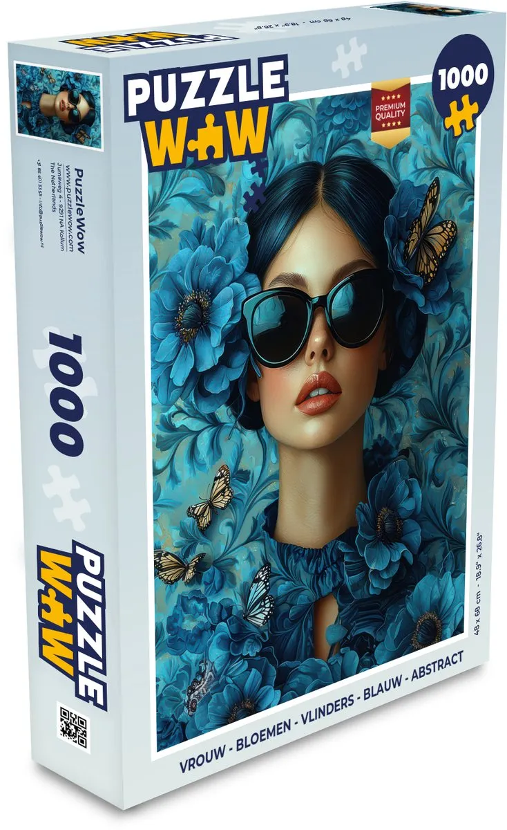 PuzzleWow Legpuzzel 1000 Stuks - Vrouw & Vlinders - Blauw