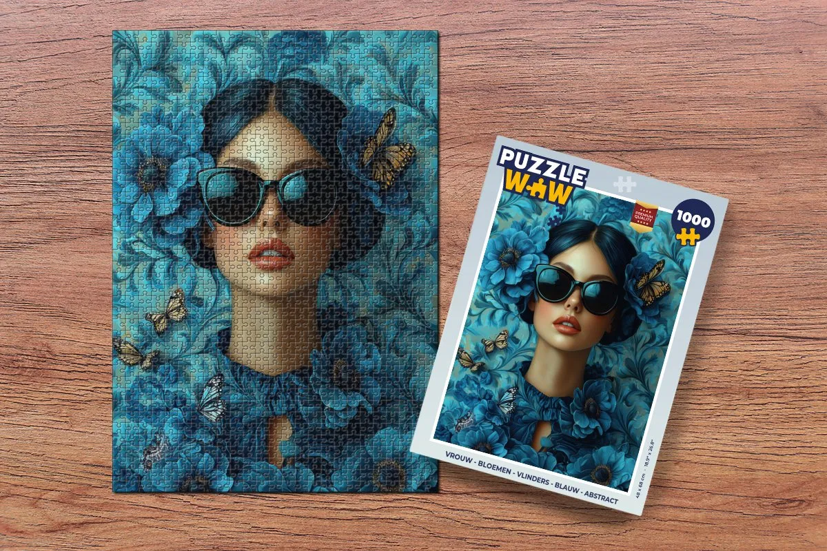 PuzzleWow Legpuzzel 1000 Stuks - Vrouw & Vlinders - Blauw