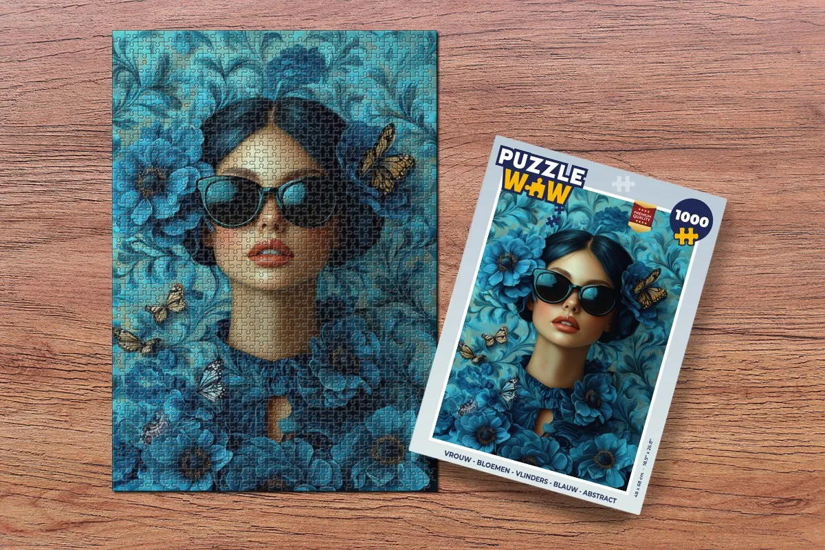 PuzzleWow Legpuzzel 1000 Stuks - Vrouw & Vlinders - Blauw