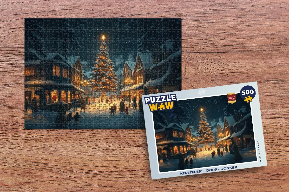 PuzzleWow Kerstfeest Dorp Puzzel 500 Stuks - Donker