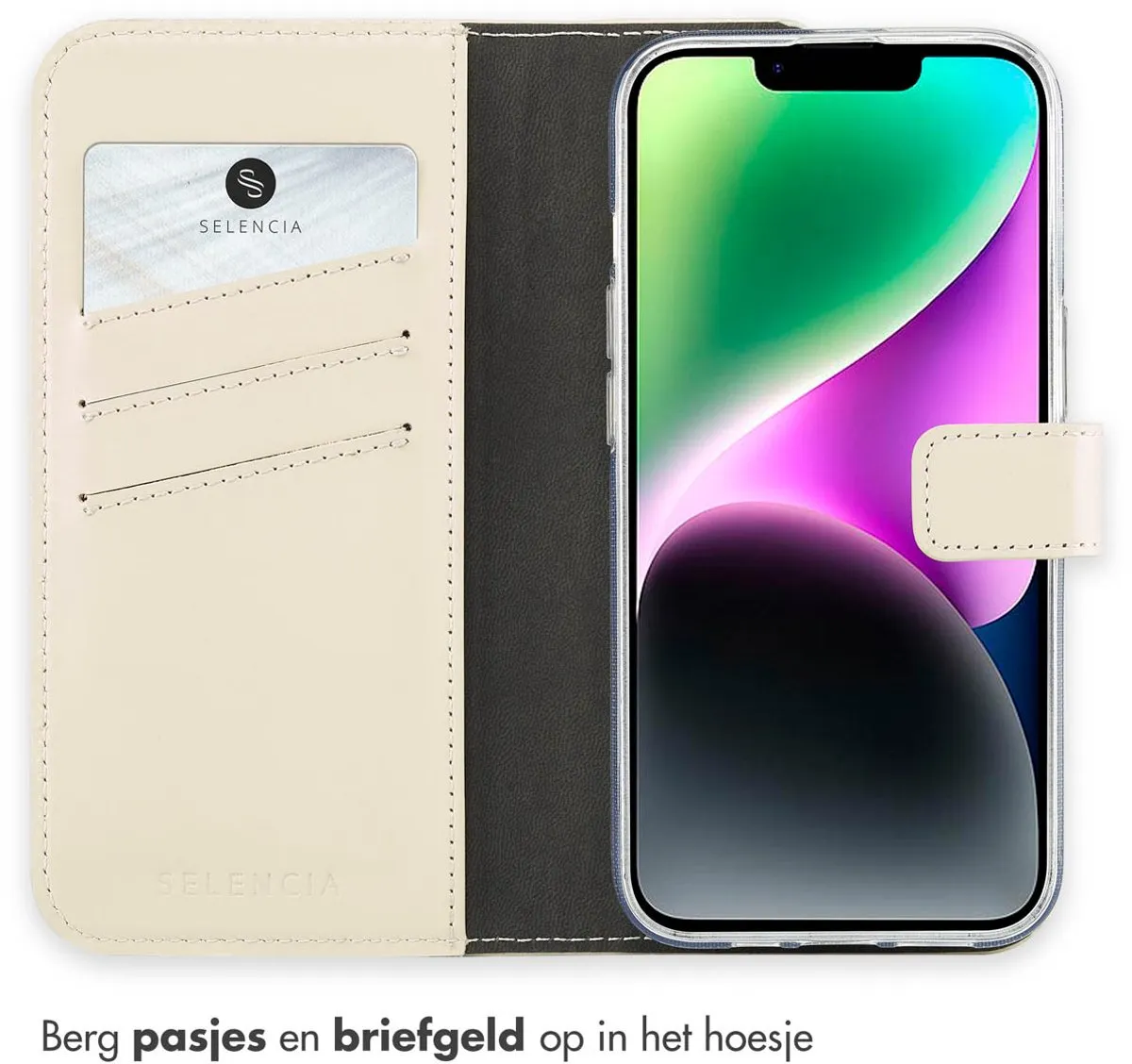 Selencia Hoesje iPhone 14 Echt Lederen Bookcase - 3 Pasjes - Greige