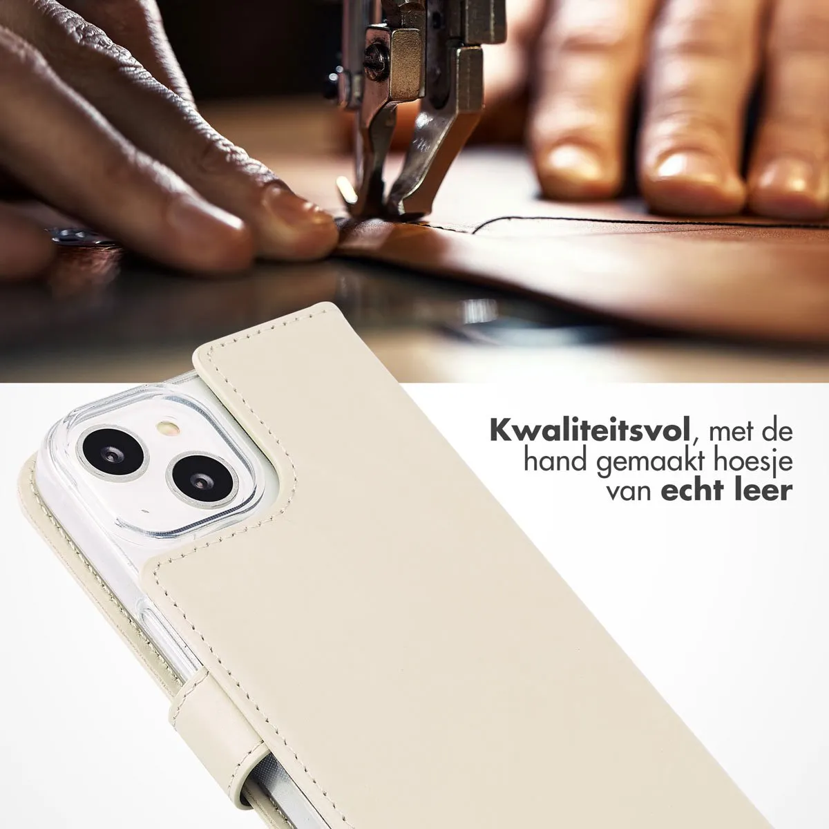 Selencia Hoesje iPhone 14 Echt Lederen Bookcase - 3 Pasjes - Greige