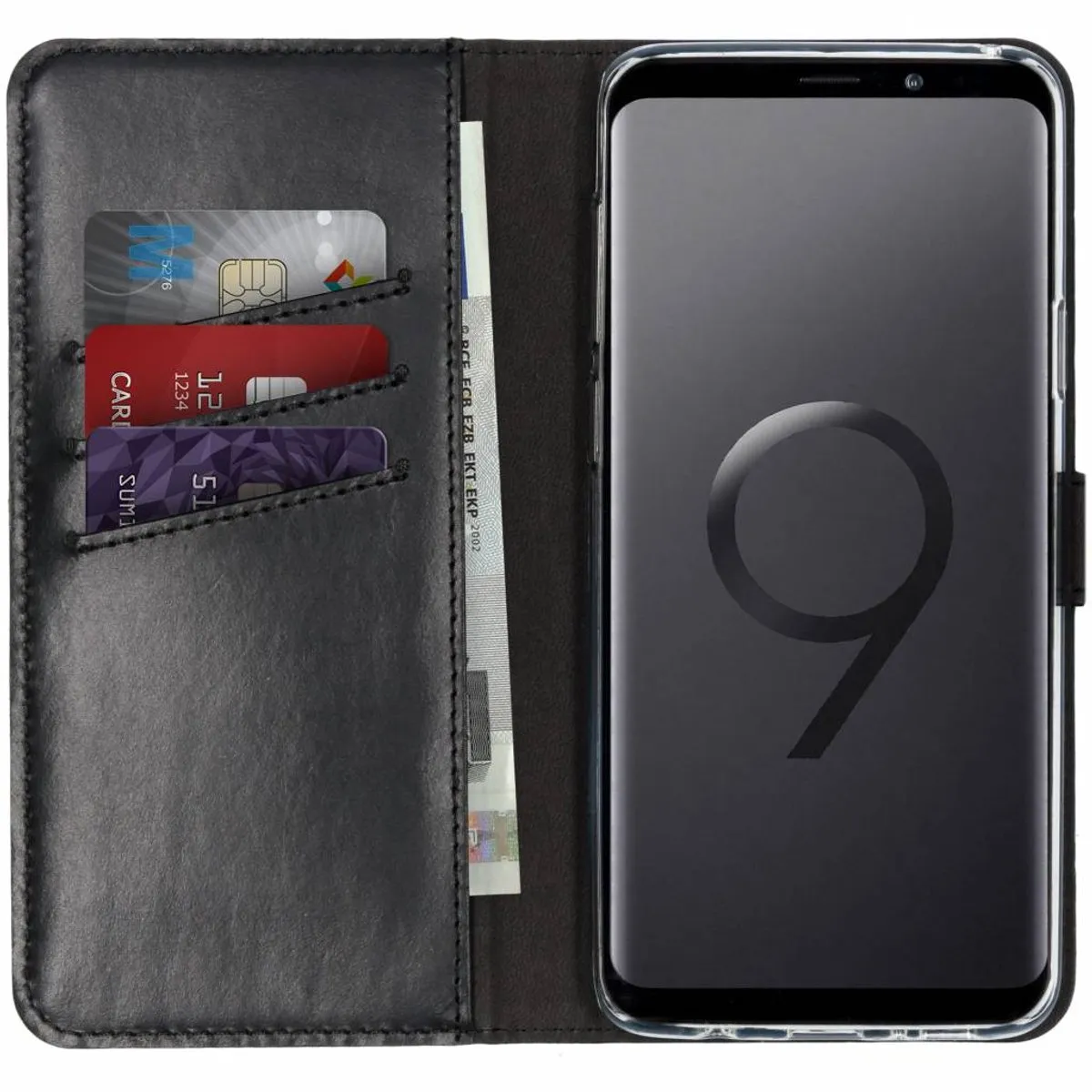 Selencia Hoesje Samsung Galaxy S9+ Echt Lederen Bookcase - 3 Pasjes - Zwart