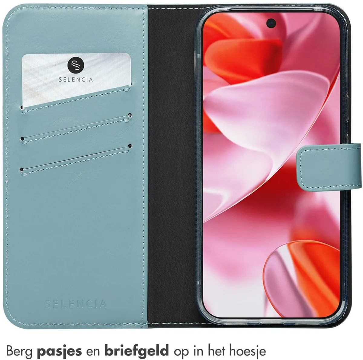 Selencia Hoesje Google Pixel 10/10 Pro - Echt Lederen Bookcase - Lichtblauw - afbeelding 3 van 6