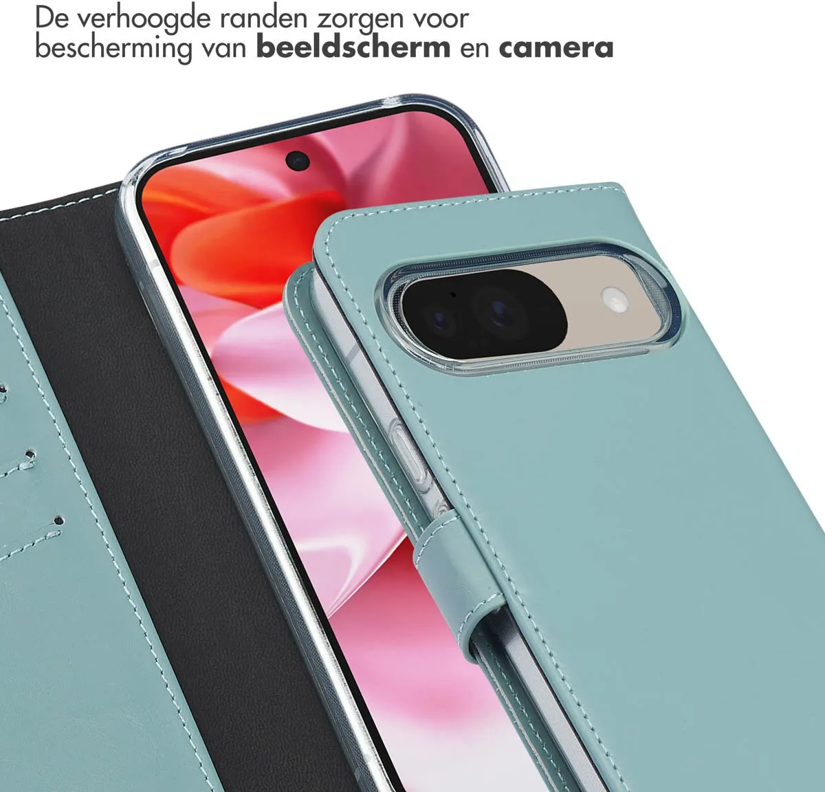 Selencia Hoesje Google Pixel 10/10 Pro - Echt Lederen Bookcase - Lichtblauw - afbeelding 4 van 6