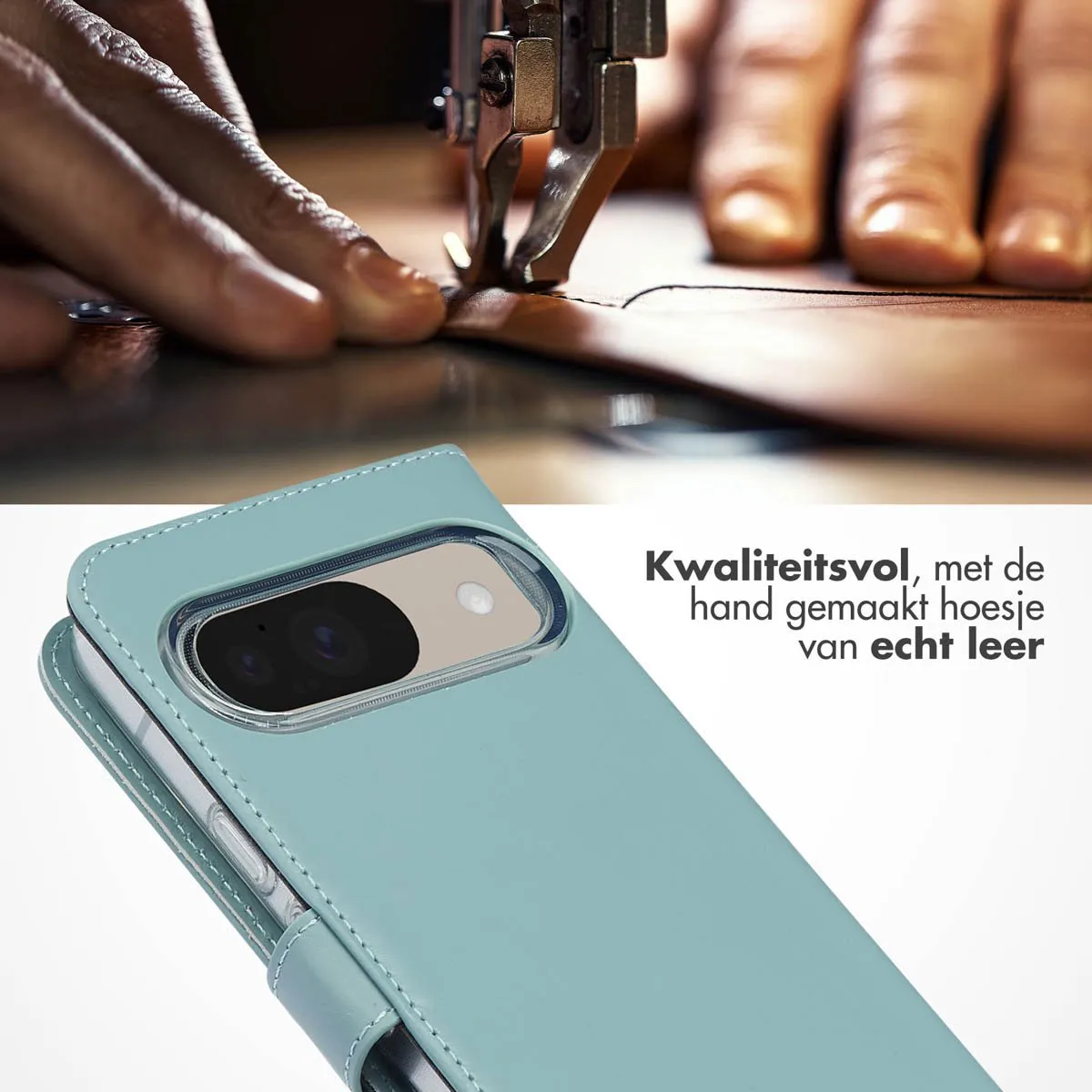 Selencia Hoesje Google Pixel 10/10 Pro - Echt Lederen Bookcase - Lichtblauw - afbeelding 2 van 6