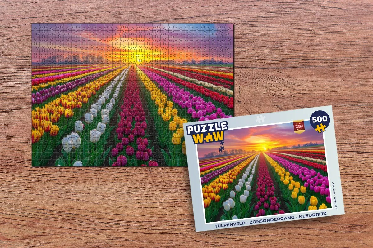 PuzzleWow Tulpenveld Zonsondergang Legpuzzel 500 Stuks - Kleurrijk