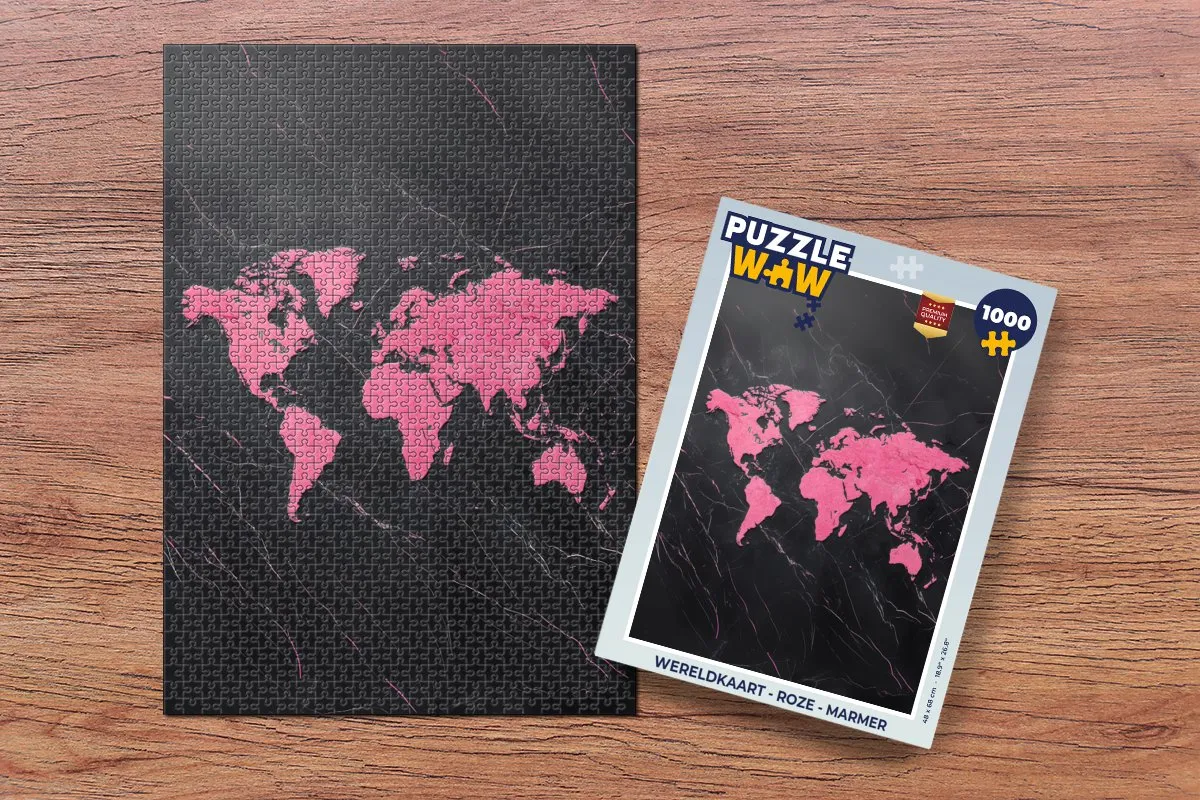 PuzzleWow Wereldkaart Legpuzzel 1000 Stuks - Roze Marmer